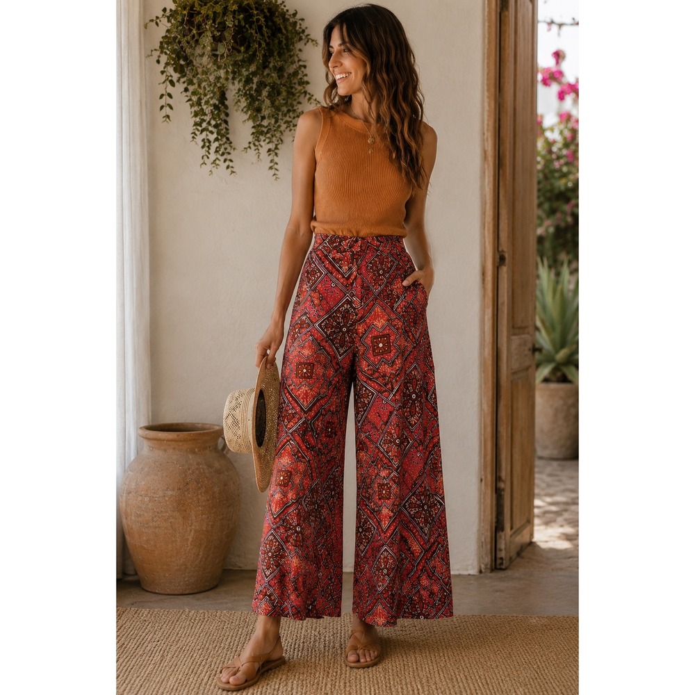 Anthropologie Red Geometric Tile Print Wide Leg Boho Pants US 14